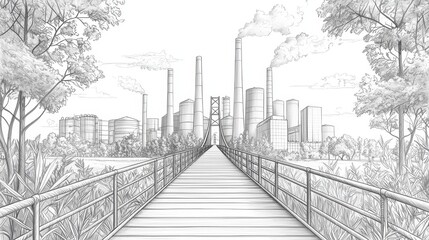 Fototapeta premium Industrial cityscape illustration with smokestacks and greenery, featuring a wooden walkway leading into the scene.