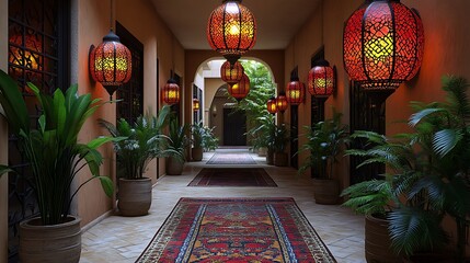 Moroccan courtyard hallway with colorful lanterns, lush greenery. Possible use stock photo