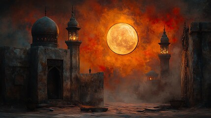 Ancient mosque at night under a blood moon