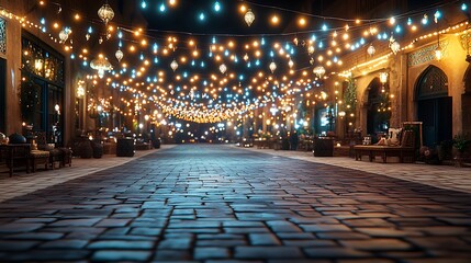 Night street market with string lights, Middle Eastern style