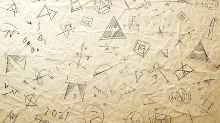 Fototapeta premium Geometric Abstraction: A collection of intricate geometric shapes and symbols, hand-drawn with a pen, layered upon a textured paper, evoking a sense of creative exploration and artistic expression. 