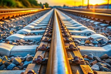 Obraz premium Modern Railway Infrastructure: Steel Beams, Concrete, and Pebbles - Aerial Close-Up