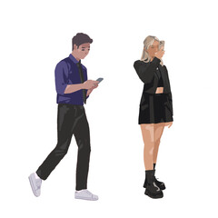 A man and a woman using their phones. The man is walking while looking at his phone, and the woman is standing
