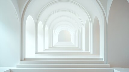 Empty white arched hallway leading to light, architectural background, interior design concept, stock image