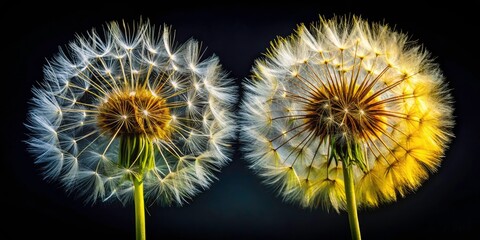 Black Background Dandelion Photography, Two Dandelions, Macro Dandelion, Close Up Dandelion, Dark Background Flower