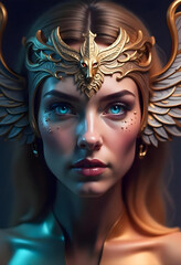 A white woman, 30 years old, with blue eyes, wearing a golden crown with wings