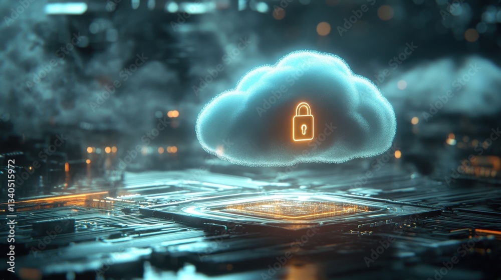 Poster glowing cloud with a padlock is floating over a circuit board, representing the concept of cloud com