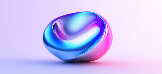Pink and blue metallic abstract 3d shape with a hole in the center, casting subtle shadows on a soft gradient background.