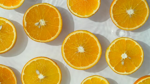 Close up video of mandarin slices surrounded by water ripples. White background with half oranges placed on water waves.