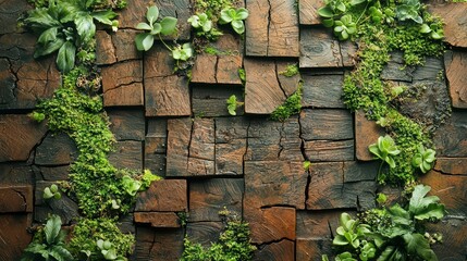 Wooden Wall with Moss and Plants: A rustic wooden wall reclaimed wood, adorned with lush green moss and vibrant plants, creating a captivating blend of natural textures and colors.
