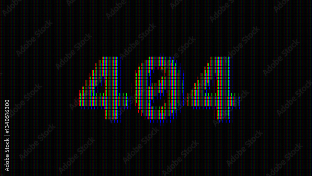 Leinwandbilder 404 Error Not Found Glitched. Led Panel or Monitor Macro Cyberpunk Style Banner. LED Neon Tech Glitch Background. Design Element for Tech Cyber Security Event. Vector Illustration.