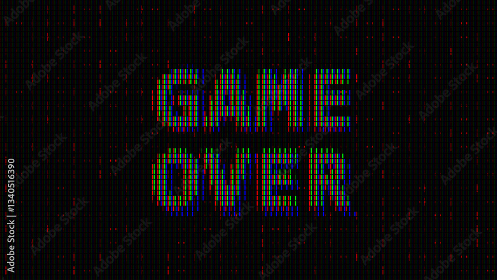 Poster GAME OVER Glitched Word. Led Panel or Monitor Macro Cyberpunk Style Banner. LED Neon Tech Glitch Background. Design Element for Tech Cyber Security Event. Vector Illustration.