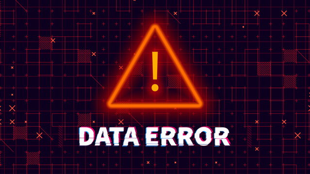 Attention Danger Symbol on Dark Red Glitched Background. Computer Virus. System Hacked Error Sign. Malware, Ransomware, Data Breach Concept. Vector Illustration.