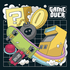 Retro Game Poster Design Illustration with Arcade and Skateboard