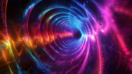 Fototapeta premium Spectacular Symphony of Light: A mesmerizing display of swirling, radiant energy dances in a vibrant tunnel of sound, weaving together intricate patterns in a captivating, colorful visual feast.