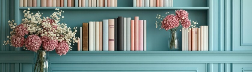 Aesthetic bookshelf decor flat design side view cozy reading theme water color colored pastel