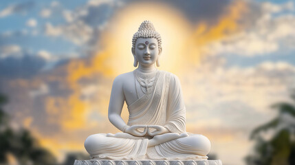 Buddha statue surrounded by a divine glow and sky background during Mahavir Jayanti. AI Generated Images