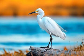 A beautiful little white heron perched on an old tree trunk, with vibrant orange reeds in the background