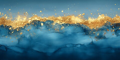 Golden dust on blue abstract waves