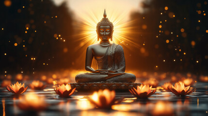 Buddha statue illuminated by divine light surrounded by flowers during Mahavir Jayanti. AI Generated Images