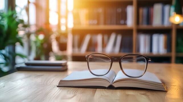 Reading Moment: An inviting scene unfolds, centered on a pair of eyeglasses gracefully positioned on an open book, resting on a wooden table within a cozy library setting, enhanced by soft.