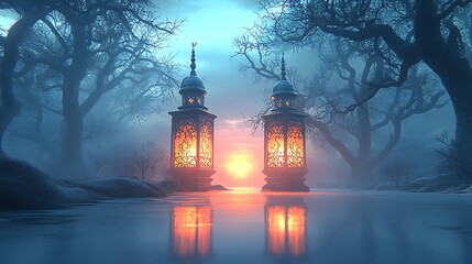 Lanterns glow at winter sunrise over frozen lake