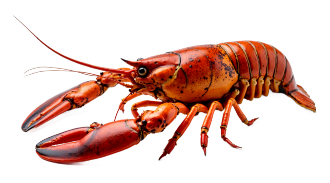 Red lobster seafood, cutout, isolated on transparent background. Vibrant cooked lobster with realistic texture, sharp claws and antennae. Perfect for menus, recipes, and food promotions.