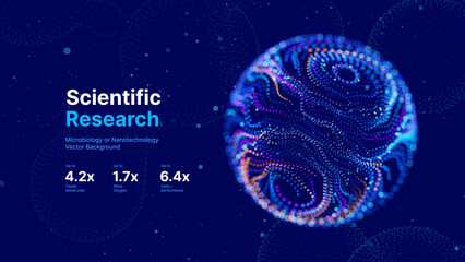 Biology Cell Scientific Medical Research Background. Science Blue Cells Backdrop with Depth of Field Blur Particles Effect. Futuristic Plant Microbiology. Blue Virus Cells Vector Illustration.