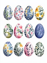 watercolor floral easter eggs clipart set isolated on white background