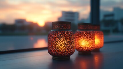 Sunset city view, warm light lanterns on windowsill