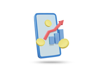 3D illustration vector render of mobile phone icon, bullish graph and coins, mobile investment and finance concept, access to digital data, growth trend, profit,stock trading, crypto,isolated on white
