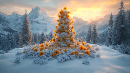 Snowy mountain landscape, artistic cake, winter scene, inspiring image, background for celebration