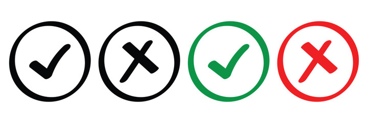 Right or wrong icons in black, green and red. Green tick and red cross checkmarks. Yes or no symbol, approved or rejected icon for user interface.