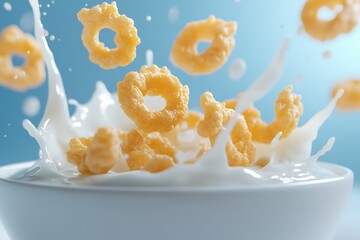 Crispy Cereal Rings in Motion – Golden Crunch with Milk Splash Close-Up
