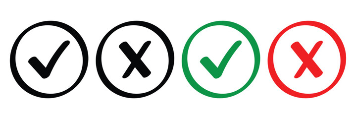 Right or wrong icons in black, green and red. Green tick and red cross checkmarks. Yes or no symbol, approved or rejected icon for user interface.