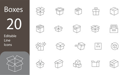 Boxes Icons set. Boxes Editable Line Icons set. open and closed box, return, surprise, and more. Vector illustration