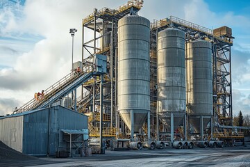 Obraz premium Silos store raw materials beside a busy concrete plant. Workers ensure smooth operations