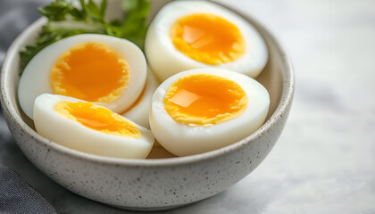 Boiled chicken egg for breakfast without eggshell in the bowl