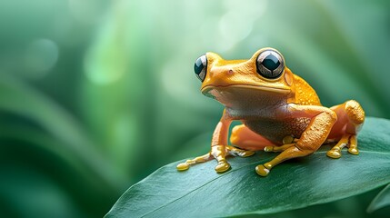 Fototapeta premium Stunning close up photograph of a bright yellow poison dart frog sitting on a lush green leaf