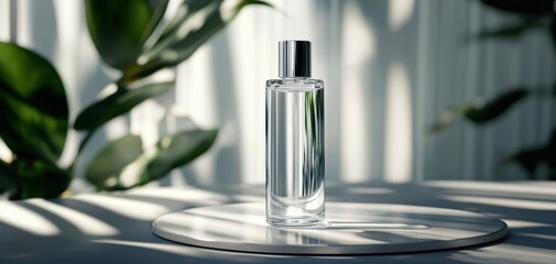 Ultra-clean futuristic skincare bottle standing on a pure white floating disc, with gentle AI-driven light scanning around it, modern minimal beauty refinement