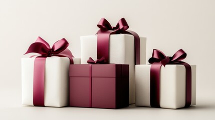 Obraz premium Stacked gift boxes with burgundy ribbons