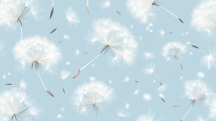 Hand drawn vector pattern featuring flying dandelion seeds Delicate pastel colors create a repeatable design with white seeds on a light blue background and gray seeds on a light gray layout illustra