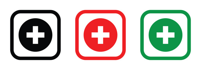 First aid icon. First aid symbol. Doctor plus icon. Medicine health hospital icons. Vector on white background.