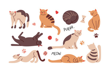Cute Cats. Abstract cat icon set collection. Hand drawn characters in different action and movement set. Purebred pet animals isolated on white background. Kitten vector illustration in doodle style