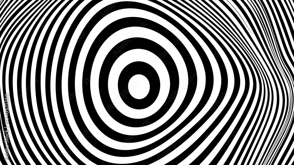 Poster Psychedelic Warped Lines Optical Illusion Texture. Abstract Geometric Background Vector Design. Black and White Modern Pattern Op Art Illustration.