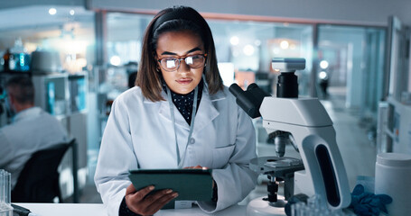 Research, experiment and woman in lab, tablet and cure with medical analysis, healthcare and test...