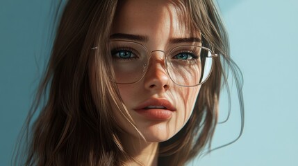 Fototapeta premium Young woman with long hair and glasses looking at the camera.