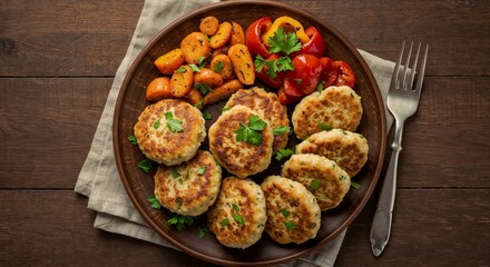 Meat patties with vegetables, hearty and delicious, served with carrots and bell peppers, on a wooden plate, copy space
