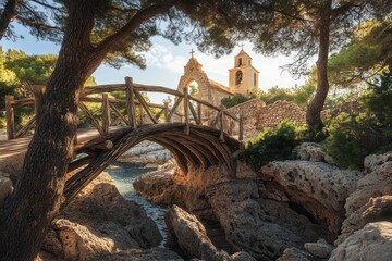 Wooden bridge over water leading to a small church