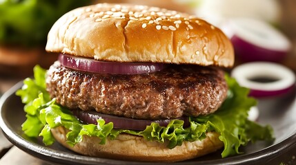 Burger with lettuce and onion on plate